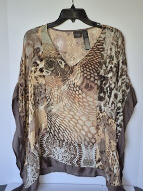 Travelers Collection By Chico's Avenue Brown Mixed-Print V-Neck Tunic